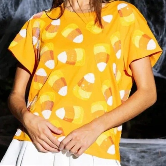 QUEEN OF SPARKLES Tops - Queen of Sparkles Candy Corn Top Halloween Sequins Sm